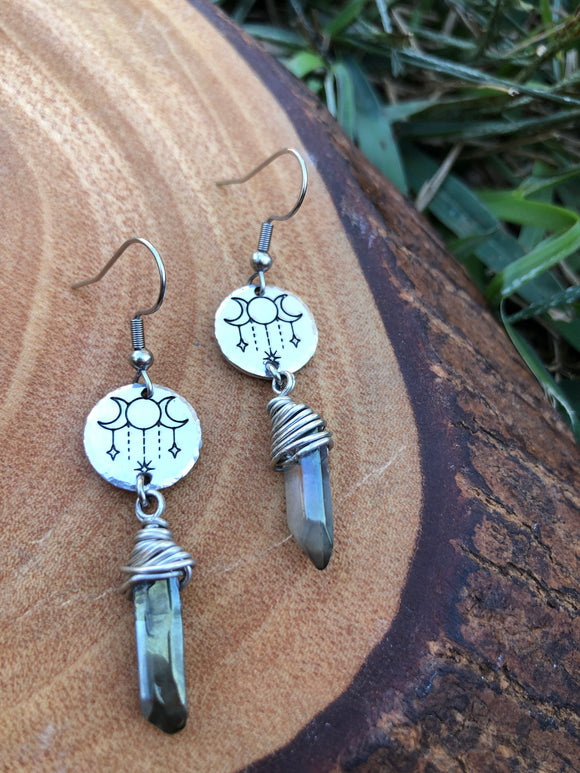 Goddess Moon  Earrings w/ Iridescent Quartz