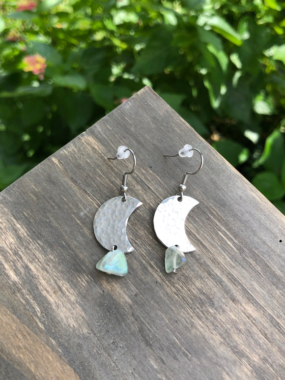 Textured Moon w/ Green Iridescent Fluorite Earrings